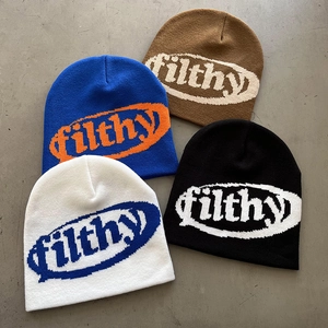 Unisex knitted beanie hats with jacquard letters in four diverse color combinations