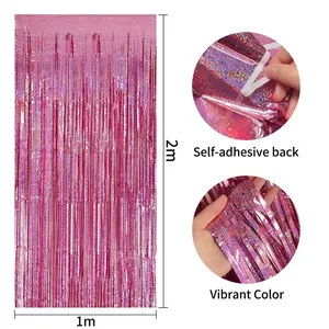 Pink laser foil fringe curtain 1x2m with self-adhesive backing for party backdrop