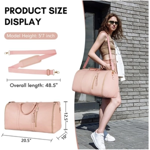 Pink travel duffel bag for women featuring dimensions and removable shoulder strap