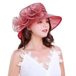 Elegant deep red organza sun hat with oversized floral decoration for women's beachwear