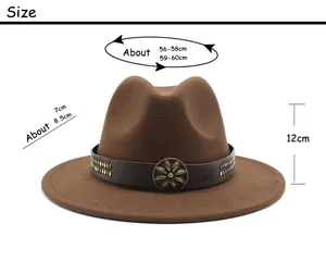 Size chart for brown wide brim felt fedora hat with circumference and height details