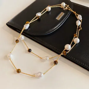 Retro Layered Tiger Eye Stone And Imitation Artificial Pearl Long Sweater Chain Necklace Elegant Maillard Style For Women Copper