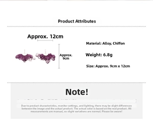 Detail view showing dimensions 9cm by 12cm and weight 6.8g of purple chiffon flower earrings