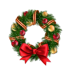 Klassischer Adventskranz mit Tannennadeln, roter Schleife und Kugeln auf weißem Hintergrund
