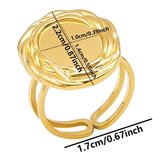 Detailed size guide of gold oval signet ring with woven texture and open adjustable band