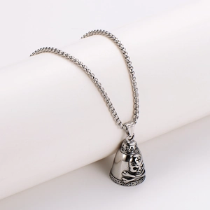 Stainless steel necklace with skull bell pendant and thick silver link chain