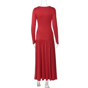 Back view of a long-sleeved red maxi dress with pleated waist and slim fit design