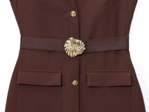 Close-up of brown crepe midi dress with gold flower buckle belt and lion head buttons
