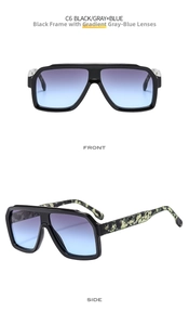Detail view of square black sunglasses with gradient blue lenses and camo patterned temples