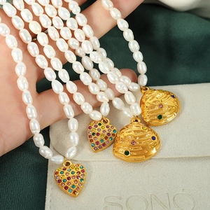 French Vintage Heart Shell Pendant Necklace Freshwater Pearl Stainless Steel Colorful Zirconia Elegant Jewelry For Women