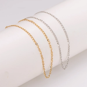 Hip hop style gold and silver metallic layered curb chains on a white display stand