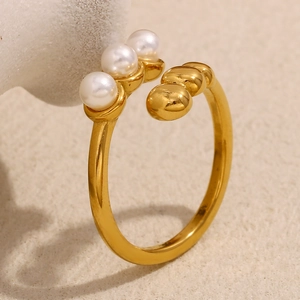 Minimalist 18K gold plated stainless steel open ring with pearls and beads