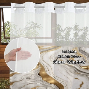 Close-up of marble pattern shower curtain showing grommet top and sheer translucent fabric