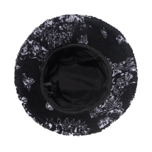 Retro paisley pattern faux shearling bucket hat with black inner lining and adjustable strap
