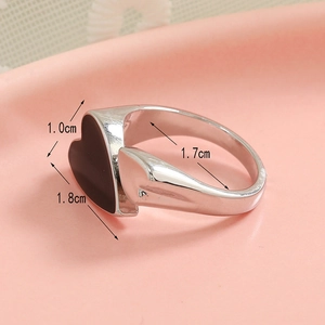 Minimalist silver alloy open ring with black heart design and size measurement details