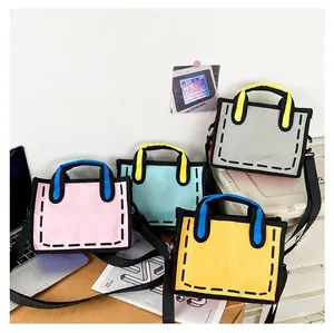 Close-up of 2D cartoon style canvas tote bags in pink blue yellow and grey colors