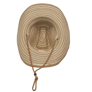 Close-up of striped straw cowboy hat with adjustable chin strap and woven texture