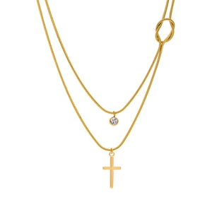 Double-layered golden stainless steel cross necklace with zircon pendant and knot detail