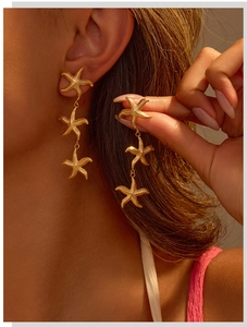 Detail shot of vintage 18K gold plated stainless steel triple starfish drop earrings