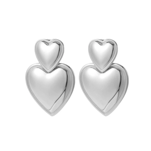 Polished silver stainless steel double heart stud earrings with French luxury design style