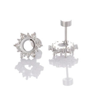 Pair of silver steel snowflake earrings with sparkling zircons and butterfly backs
