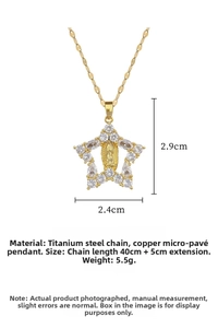 Detailed view of Virgin Mary star pendant with size dimensions 2.9x2.4cm and zirconia