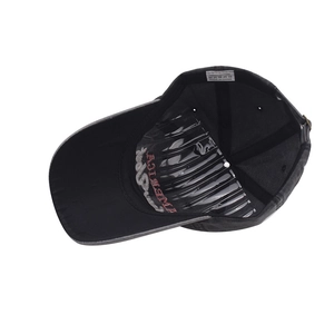 Detail view of cotton baseball cap interior with sweatband and adjustable buckle