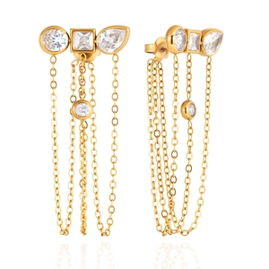 Elegant 18K gold plated long tassel earrings with sparkling white cubic zirconia drops