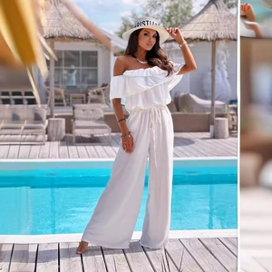 Summer off-shoulder white jumpsuit with ruffled top and drawstring wide-leg pants