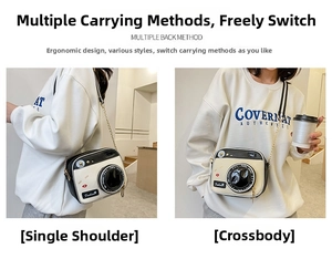 Detail view of camera-shaped bag with contrast black and white design and chain strap