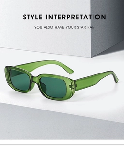 Detail of retro rectangular sunglasses with translucent dark green frames on a white stand