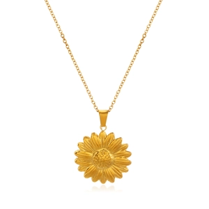 18K gold-plated stainless steel sunflower pendant necklace for women on white background