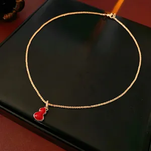 New Chinese-style gold-plated necklace with a red double-sided gourd pendant and crystals