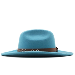 Close-up of lake blue wool felt fedora with brown leather rivet band detail