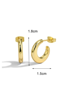 Detail view of gold C-shaped hoop earrings with dimensions 1.8cm height and 1.5cm width
