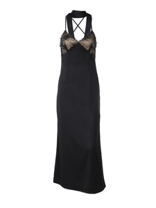 Sultry backless V-neck maxi dress with lace bodice and sleek black satin skirt