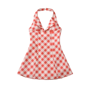Women Gingham Check Halter Mini Dress Polyester Backless Lace Up A-Line Retro V Neck Elegant Sleeveless Sundress