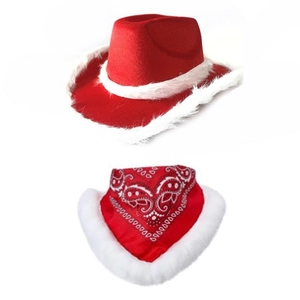Red Christmas cowboy hat set with white faux fur trim and paisley bandana scarf