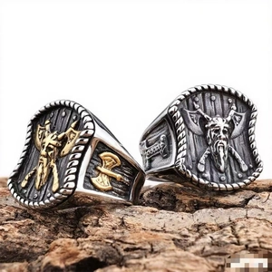 Viking Warrior Ring 316L Stainless Steel Norse Mythology Axe Relief Retro Punk Jewelry For Men