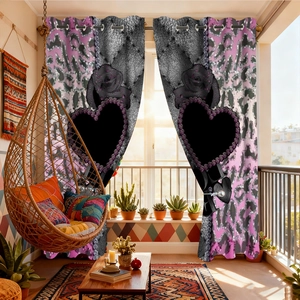 Pink leopard print blackout curtain detail with heart and rose motifs and metal grommets