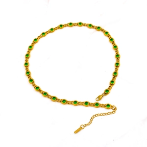 Handmade 18K gold plated choker necklace with green round-cut zircon stones and lobster clasp