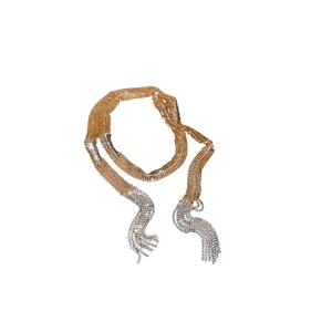 Sparkling rhinestone tassel necktie necklace in gold finish for elegant party jewelry
