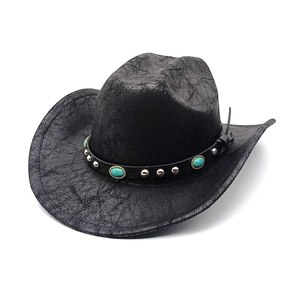 Vintage black faux leather western cowboy hat with turquoise beads and silver rivets
