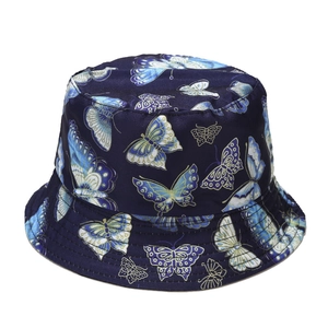Deep blue butterfly print reversible sun bucket hat for women with foldable fabric design