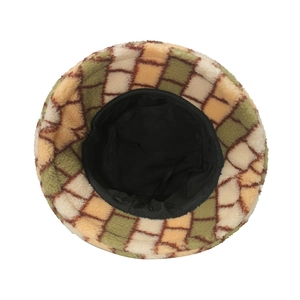 Checkered lamb wool bucket hat in green and yellow plaid for women winter warmth