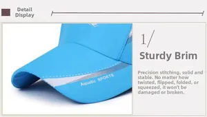 Close-up of flexible blue baseball cap brim with Aquatic SPORTS text showing fold resistance