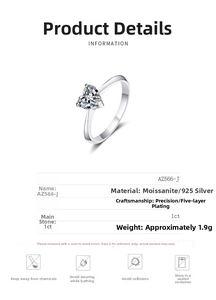 Detail view of 1ct heart moissanite S925 silver ring with 6-prong setting and specs