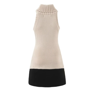 Chic beige sleeveless knitted maxi dress with a turtleneck and sleek slim fit