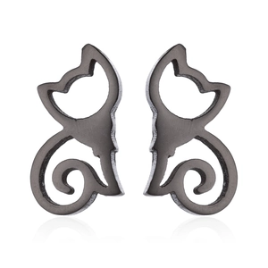 Minimalist black stainless steel hollow cat stud earrings with symmetrical mirror reflection