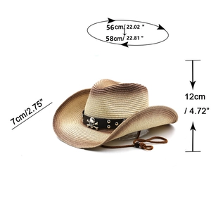 Détail du chapeau de cowboy en paille avec ceinture à rivets tête de mort et dégradé